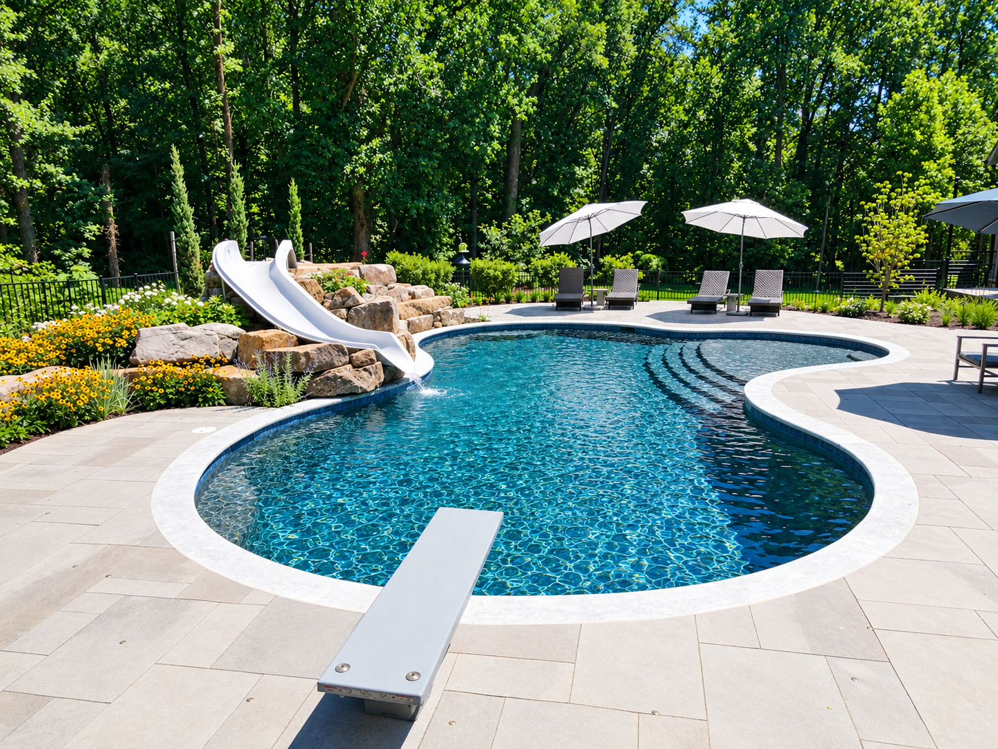 An outdoor swimming pool with a white slide, diving board, and surrounding patio with lounge chairs under patio umbrellas.
